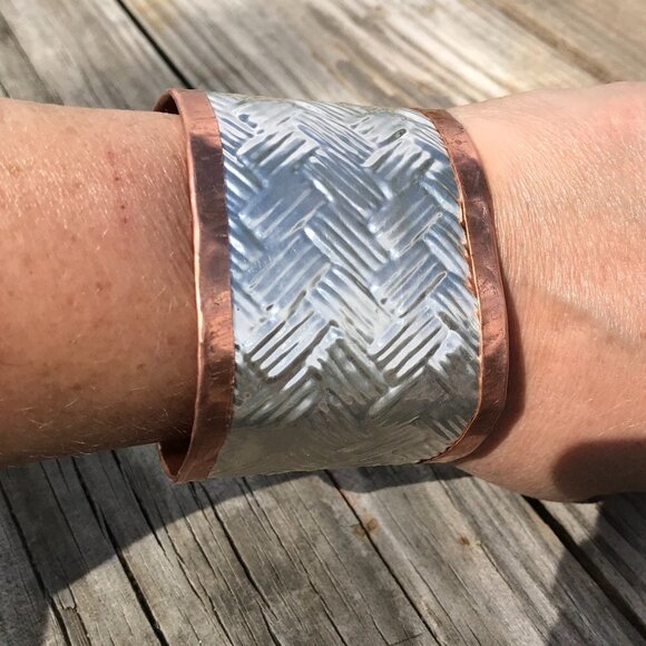 Woven Weave Embossed Sterling Silver 925 Copper Cuff Wide Rustic Handmade - Picture 6 of 13